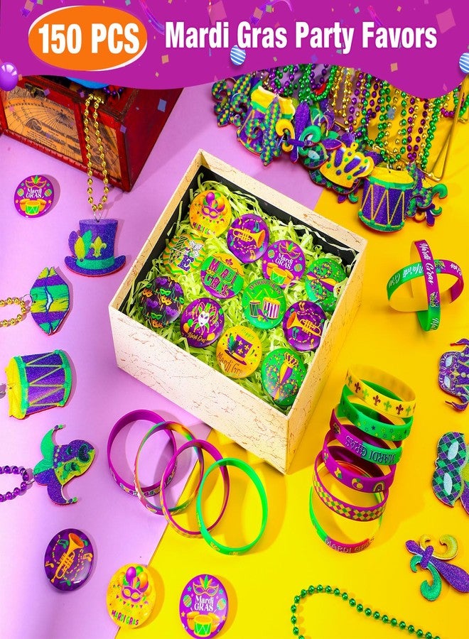 Highergo 150 Pcs Mardi Gras Party Favors Set 50 Mardi Gras Button Pins Badges 50 Carnival Bead Necklaces 50 Silicone Bracelets for Carnival Festival Party Supplies - Image 5